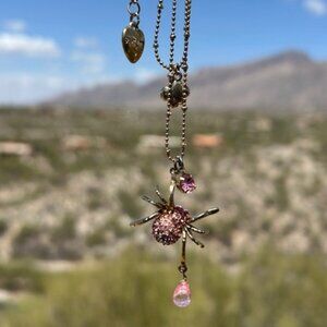 BETSEY JOHNSON Pink Rhinestone Spider Double Chain Necklace